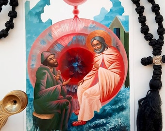 Saint Seraphim of Sarov and Motovilov Icon Print - The Acquisition of the Holy Spirit Icon Print - Modern Orthodox Christian Icons