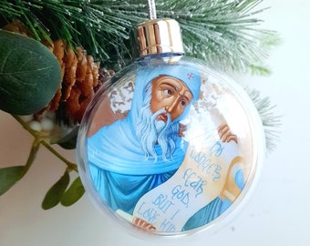 Saint Anthony the Great Christmas Tree Globe Ornament - Modern Ukrainian Orthodox Styled Icon - Orthodox Christian Nativity Decoration