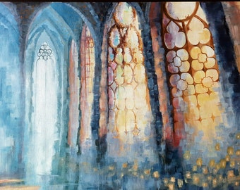 Gothic Cathedral of Dancing Light Original Painting - Impressionist Church Painting