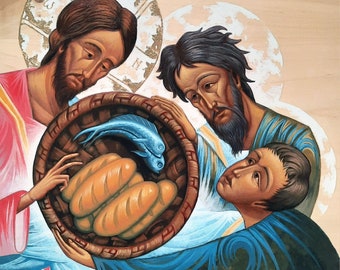 Five Loaves and Two Fishes Icon Print - Multiplication of Loaves and Fishes - Christ Feeding the 5,000 with Apostles Andrew and Philip