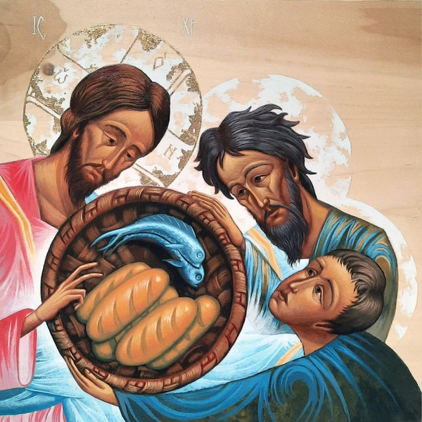 Five Loaves and Two Fishes Icon Print - Multiplication of Loaves and Fishes - Christ Feeding the 5,000 with Apostles Andrew and Philip
