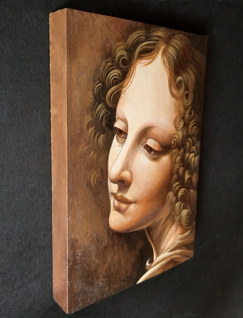 Hand-Painted Leonardo da Vinci Angel Painting on Wood Detail from The Virgin of the Rocks Italian Renaissance Art image 5