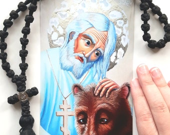 Saint Seraphim of Sarov Feeding Bread to a Bear Icon Print - Modern Ukrainian Styled Orthodox Christian Icons