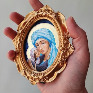 Sant'Anna e la Theotokos Bambina Icona ortodossa in miniatura dipinta a mano - con foglia d'oro 23 carati (cornice inclusa)