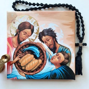 Partly Hand-Painted/Gilded 5 Loaves and 2 Fishes Icon Canvas Print - Multiplication of Bread and Fishes Icon (Made to Order)