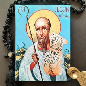 Gedeeltelijk met de hand beschilderd/verguld canvaspictogramafdruk van de heilige Aidan van Lindisfarne - gemaakt met 23 karaats bladgoud
