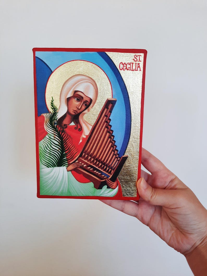 Partly Hand-painted/gilded Canvas Icon Print of Saint Cecilia With a ...