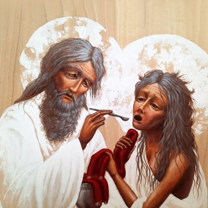 Iconenafdruk heilige Maria van Egypte en heilige Zosimas - moderne orthodox-christelijke iconen in Oekraïense stijl