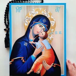 Partly Hand-Painted/Gilded Canvas Icon Print of the Virgin of Tenderness - Made with 23 Carat Gold Leaf