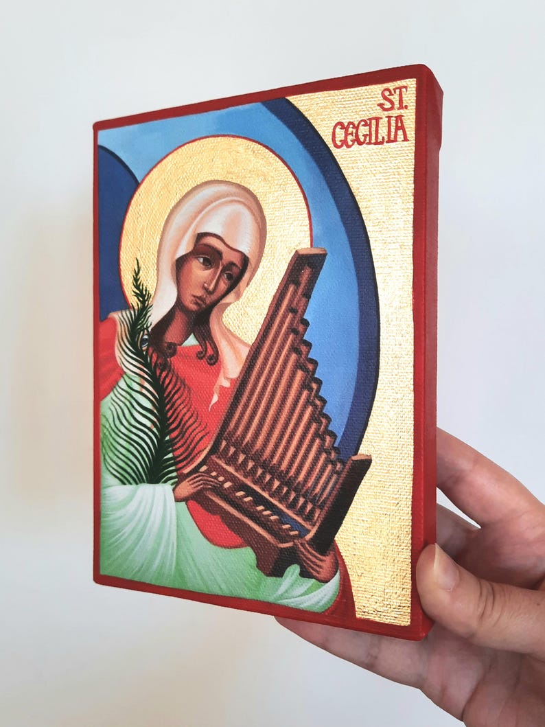 Partly Hand-painted/gilded Canvas Icon Print of Saint Cecilia With a ...