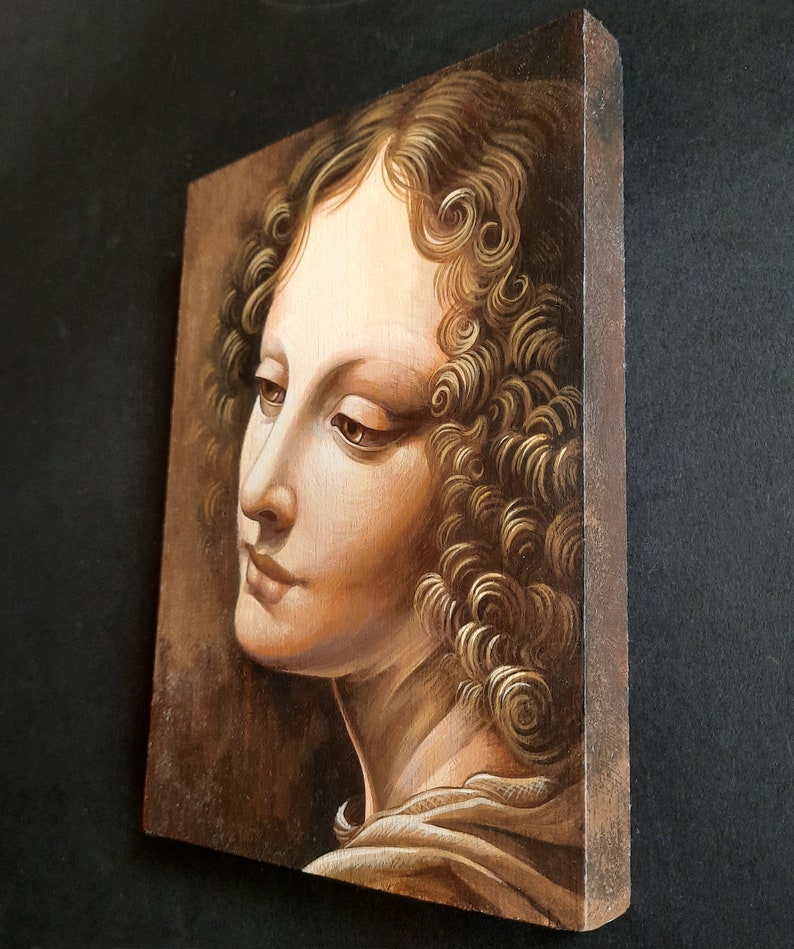 Hand-Painted Leonardo da Vinci Angel Painting on Wood Detail from The Virgin of the Rocks Italian Renaissance Art image 4