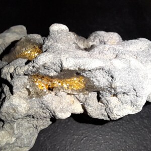 May include: A rough, gray rock with a vein of gold running through it. The gold is shiny and metallic, and the rock has a natural, organic texture.