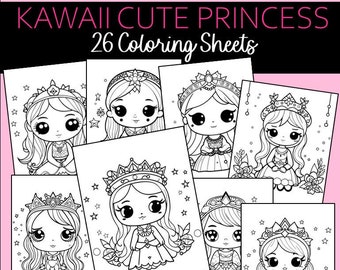 Lindas páginas para colorear Kawaii, Hojas para colorear de princesas para niños, Actividad de fiesta de princesas, Hojas para colorear de princesas, Descarga instantánea, Imprimible