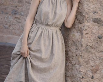 Custom Linen Halter Dress: Layered Midi, Vintage Style