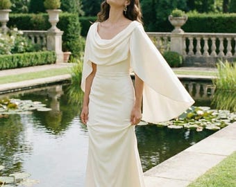 Satin Cowl Neck Cape Sleeve Wedding Gown, Ivory Column Silhouette