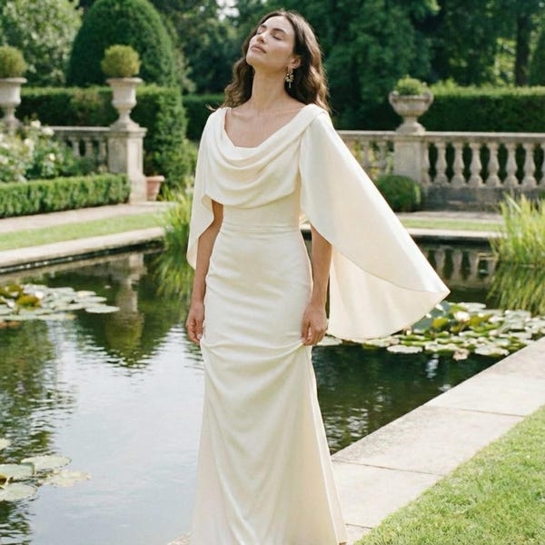 Satin Cowl Neck Cape Sleeve Wedding Gown, Ivory Column Silhouette