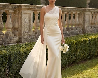 open lace back dress Crepe One Shoulder Minimalist Long Wedding Dress Julia Made to Order / White / 0 US (32 EU)