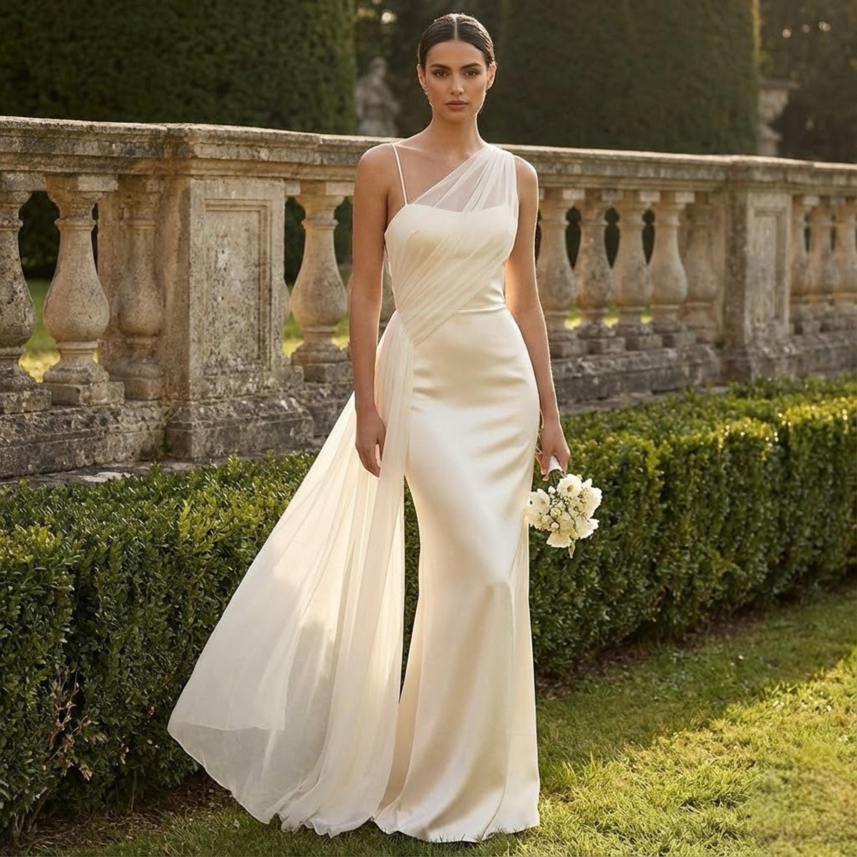 One Shoulder Satin Wedding Gown, Chiffon Drape, Minimalist Bridal Dress -  Etsy Ireland