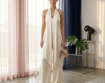 Satin Evening Jumpsuit: Halter V-Neck, Backless, Wide Leg Luxury Formal Wear