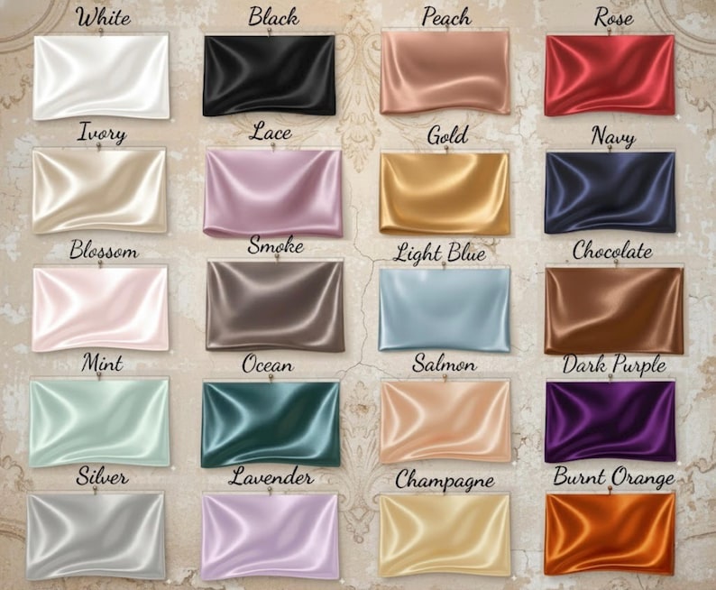 May include: A color chart featuring samples of fabric in various shades. Colors include white, black, peach, rose, ivory, lace, gold, navy, blossom, smoke, light blue, chocolate, mint, ocean, salmon, dark purple, silver, lavender, champagne, and burnt orange.