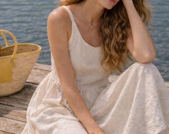 Custom White Linen Maxi Dress: Sleeveless Spaghetti Strap Sundress