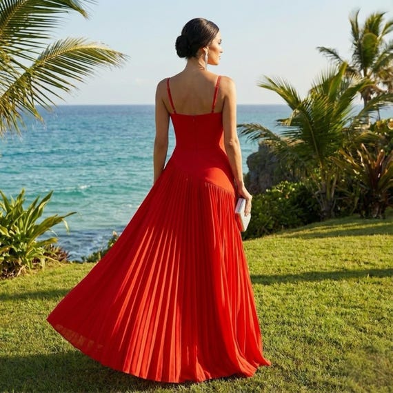 red satin pleated dress Red Pleated Satin Maxi Dress: Square Neck Evening Gown