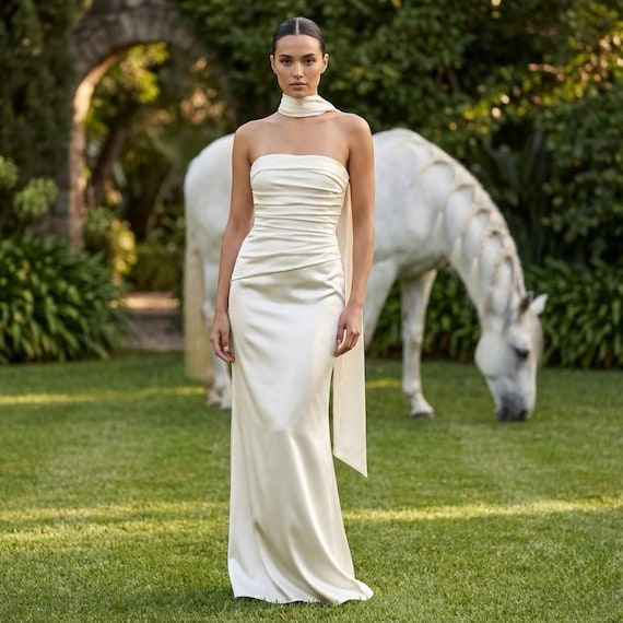 cream dress with neck scarf Pretty Lavish Hen backless satin scarf maxi dress in ivory