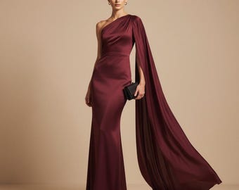 Elegante abito da sera in raso con mantella: abito lungo monospalla, abito da sera formale con spalline e schiena scoperta