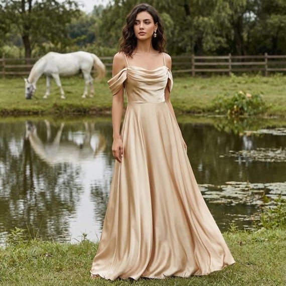 Champagne Satin Gown: Elegant Off-shoulder Cowl Neck Dress