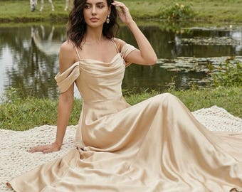 Champagne Satin Gown: Elegant Off-Shoulder Cowl Neck Dress
