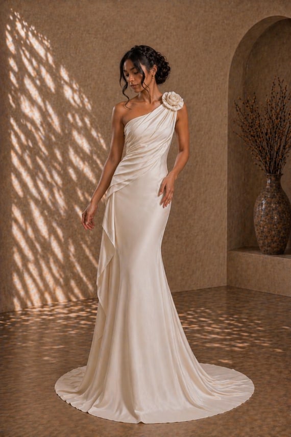 one shoulder ivory wedding dress Silk Satin Mermaid Dress, Custom Made Bridal Gown Department_Maternity