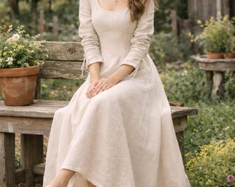 Custom Linen Maxi Dress, Long Sleeve Cottagecore Gown