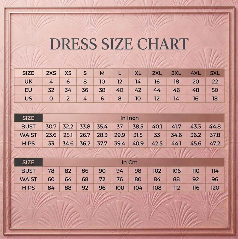 May include: A dress size chart with measurements in inches and centimeters. The chart includes sizes from 2XS to 5XL, with corresponding UK, EU, and US sizes. Measurements for bust, waist, and hips are provided in both inches and centimeters.