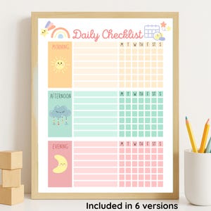 Framed kids daily checklist with pastel colors, displayed on a desk with pencils and wooden blocks, printable PDF