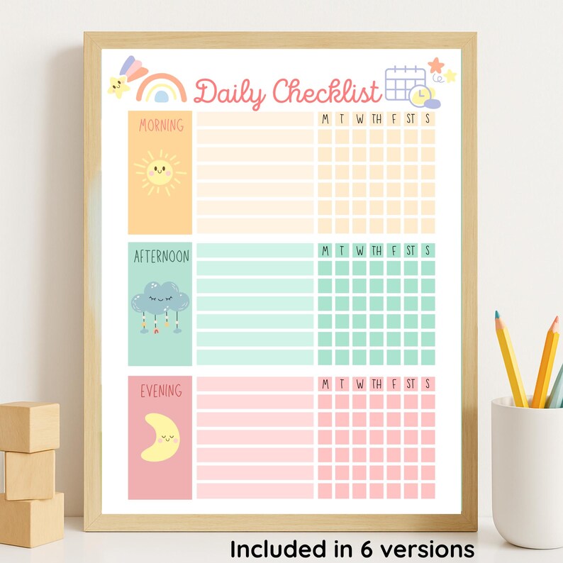 Framed kids daily checklist with pastel colors, displayed on a desk with pencils and wooden blocks, printable PDF
