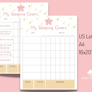 May include: Printable pink and white sleeping chart featuring a cartoon starfish. The chart has a section for brushing teeth, no arguing or complaining, in bed by 8:00 PM, sleep in own bedroom, stay in bed until 7:00 AM, and make bed. The chart also has a section for goal, total, and reward.