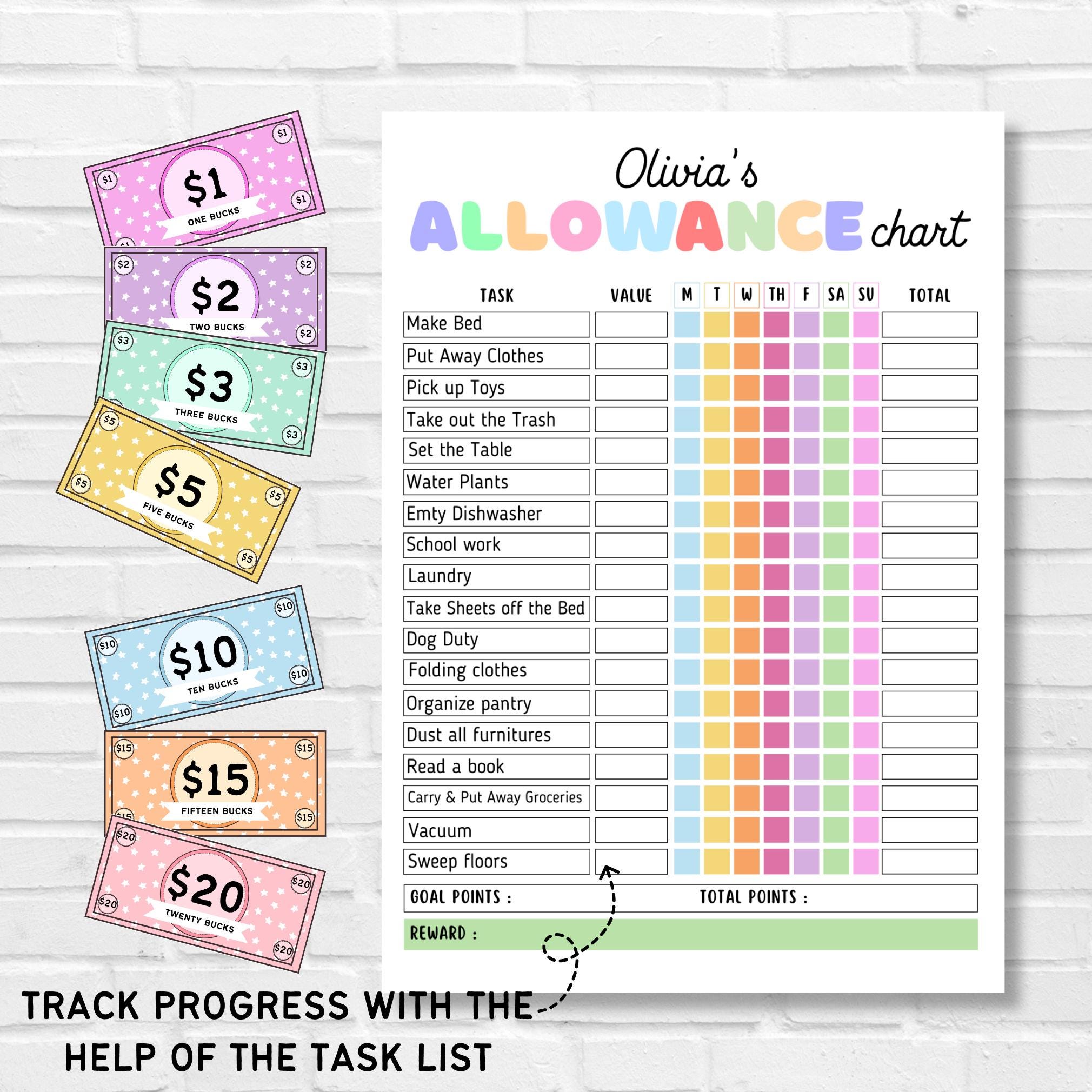 Editable Allowance Chart, Kids Reward Bucks, Printable, Mom Bucks, Kids ...