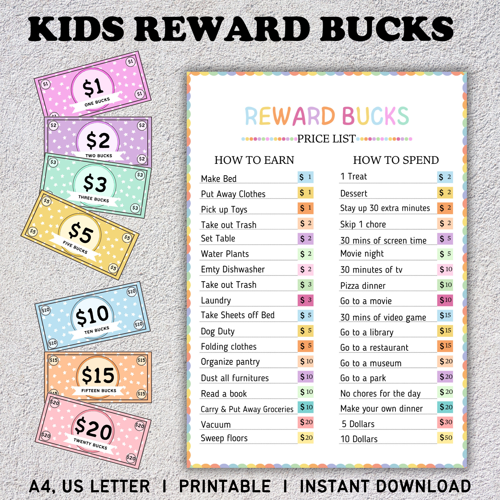 Bearbeitbare Kids Reward Bucks, druckbar, Mom Bucks, Kids Reward Coupons, Chore Bucks, Mom Geld, Belohnungssystem für Kinder, Good Behaviour Bucks