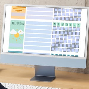 Fillable daily checklist for kids displayed on computer screen, editable PDF with checkboxes and daily grid