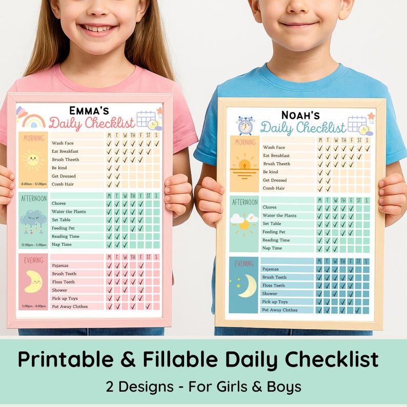 Two children holding different versions of printable daily checklists designed for girls and boys in pastel colors