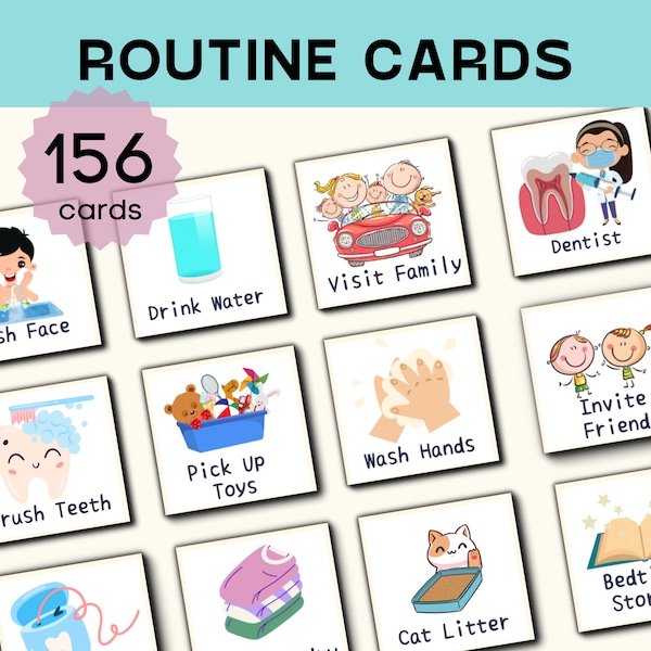 156 cartes de routine quotidienne, cartes de rythme quotidien modifiables pour enfants, cartes de routine pour tout-petits, routine personnalisée, cartes de routine imprimables, quotidiennes et hebdomadaires