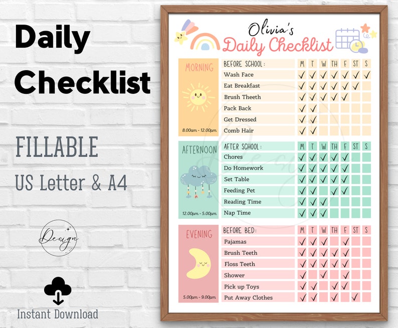 Kids Daily School Checklist, Responsibility Chart, To Do List, Editable Chore Chart, Printable PDF, Daily Routine, Homeschool Planner image 3