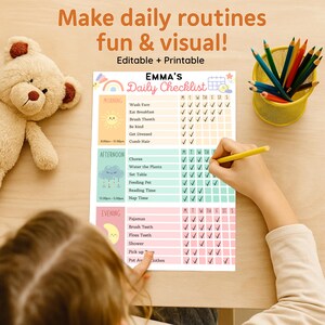 Child using printable daily checklist with routine tasks written in morning, afternoon, and evening sections