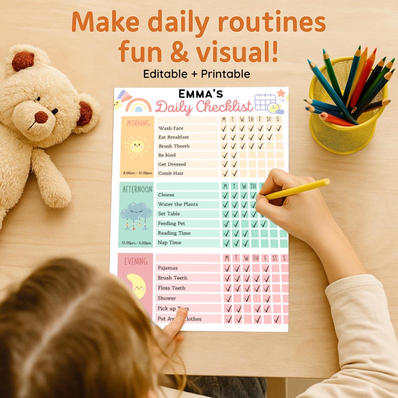 Child using printable daily checklist with routine tasks written in morning, afternoon, and evening sections