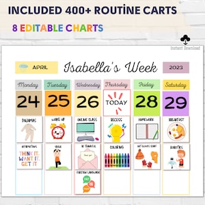 Modelo de gráfico de rotina infantil editável, cronograma visual semanal para crianças, mais de 400 cartões de rotina, planejador diário para crianças, download instantâneo