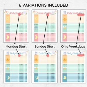 Daily checklist for kids in 6 variations including Monday start, Sunday start, and weekday-only designs, pastel style