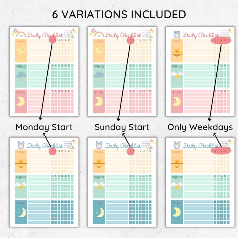 Daily checklist for kids in 6 variations including Monday start, Sunday start, and weekday-only designs, pastel style