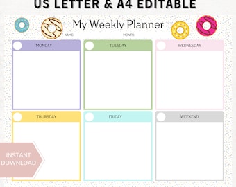 Kids Weekly Planner, Donut Daily Planner, Printable Digital Download, Visual Timetable, Homeschool Planner, Visual Schedule for toddlers