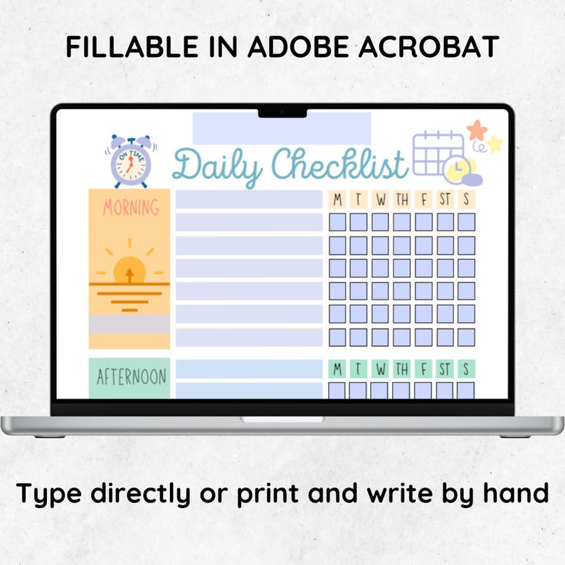 Fillable daily checklist for kids displayed on computer screen, editable PDF with checkboxes and daily grid