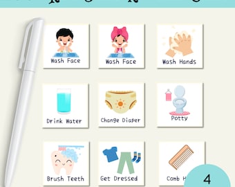 May include: Nine colorful illustrated cards with daily routine activities for kids. The cards feature images of a child washing their face, washing hands, drinking water, changing a diaper, using the potty, brushing teeth, getting dressed, and combing hair. The text on the cards reads "Wash Face", "Wash Hands", "Drink Water", "Change Diaper", "Potty", "Brush Teeth", "Get Dressed", and "Comb Hair".